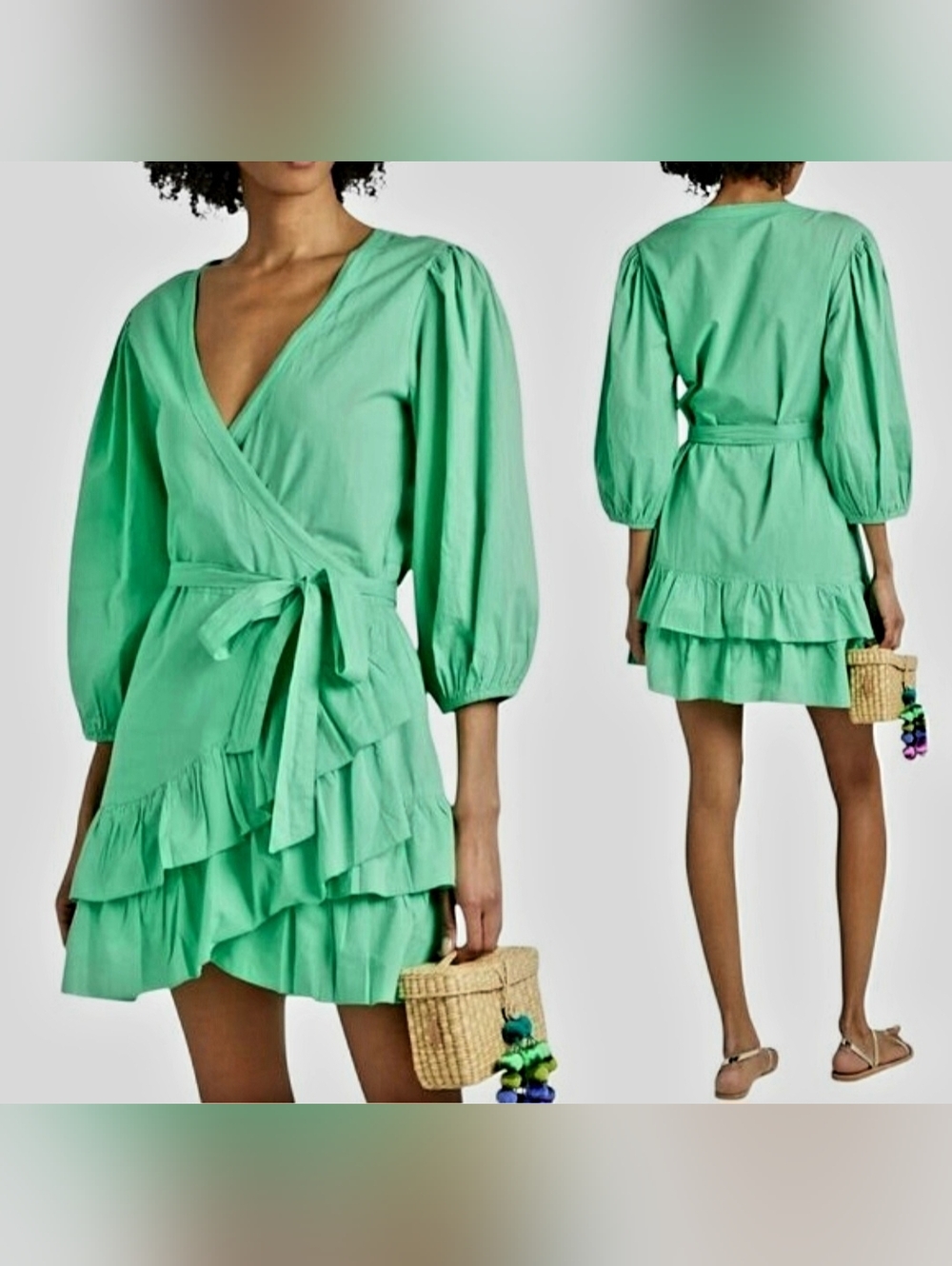 Melissa Odabash Green Ruffle Wrap Mini Dress. Size M. Boho Scandi Girl.